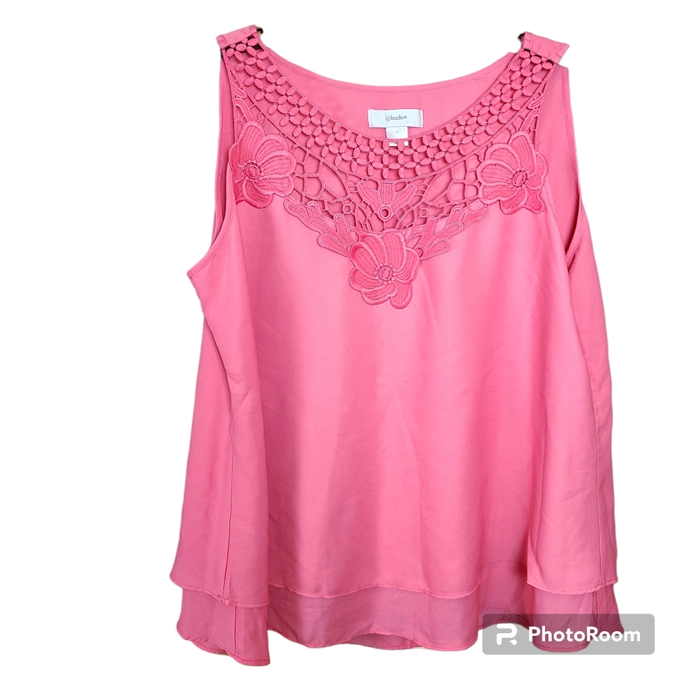 CJ Banks Size X or 14W Pink Crochet Detail Flowy Layered Sleeveless Blouse Boho